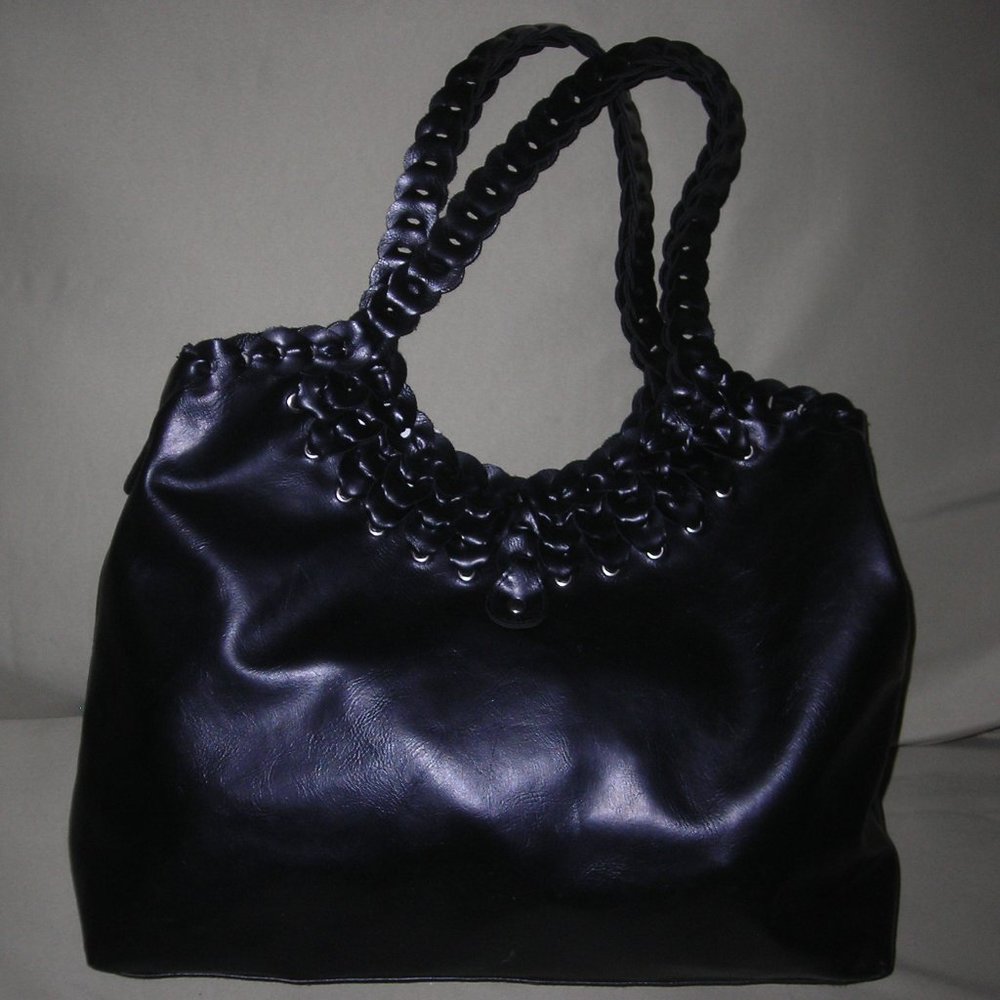 Purse,black,front snap,woven trim